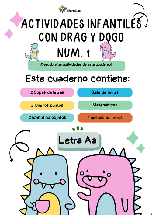 Ficha imprimible para aprender la letra A con Drag y Dogo