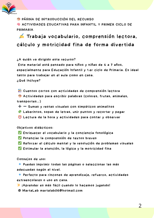 Actividades Educativas Infantil y 1er ciclo de Primaria – PDF imprimible con cuentos, sumas, vocabulario y más - MartaLab